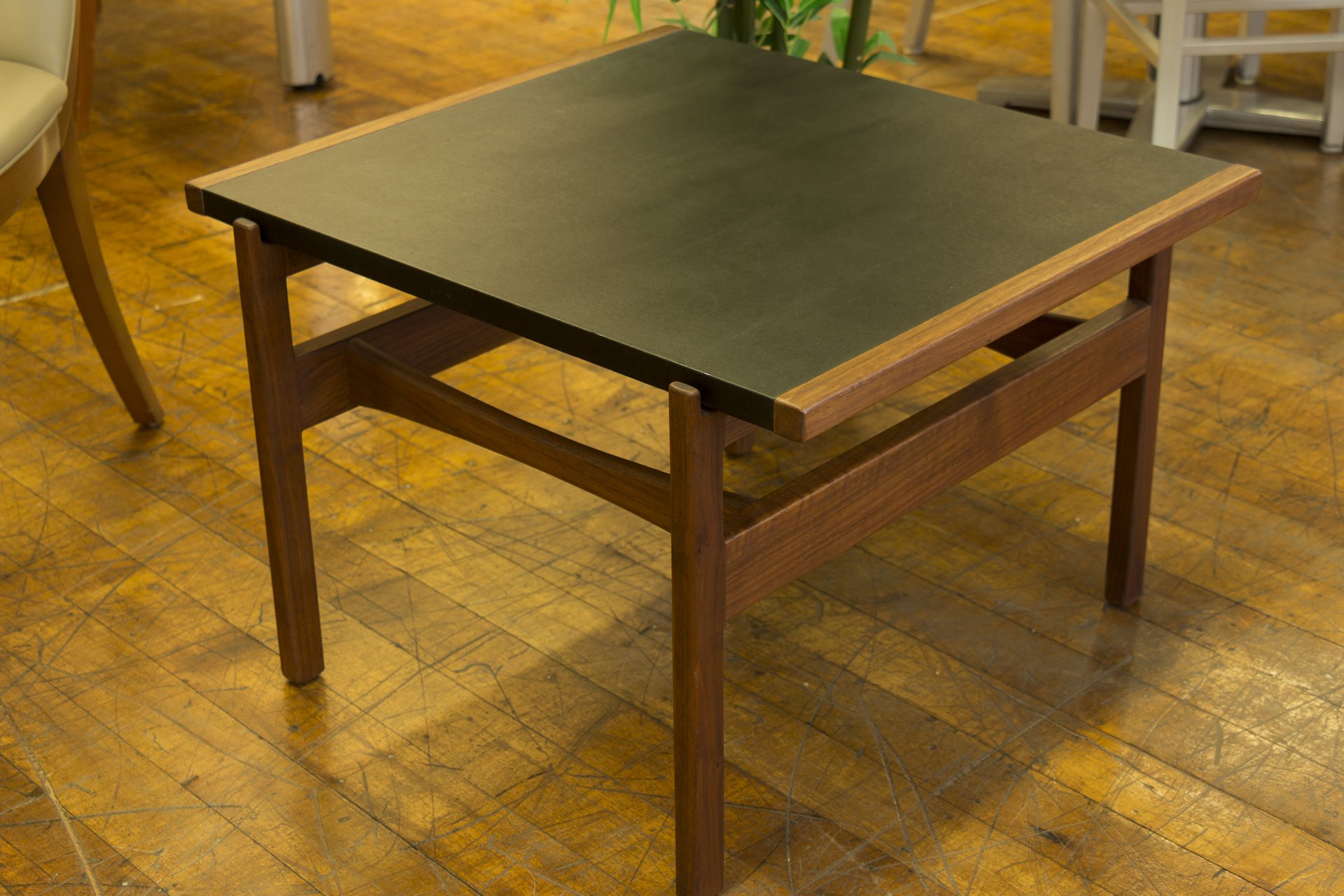 Jens Risom Walnut & Black Leather Occasional Table