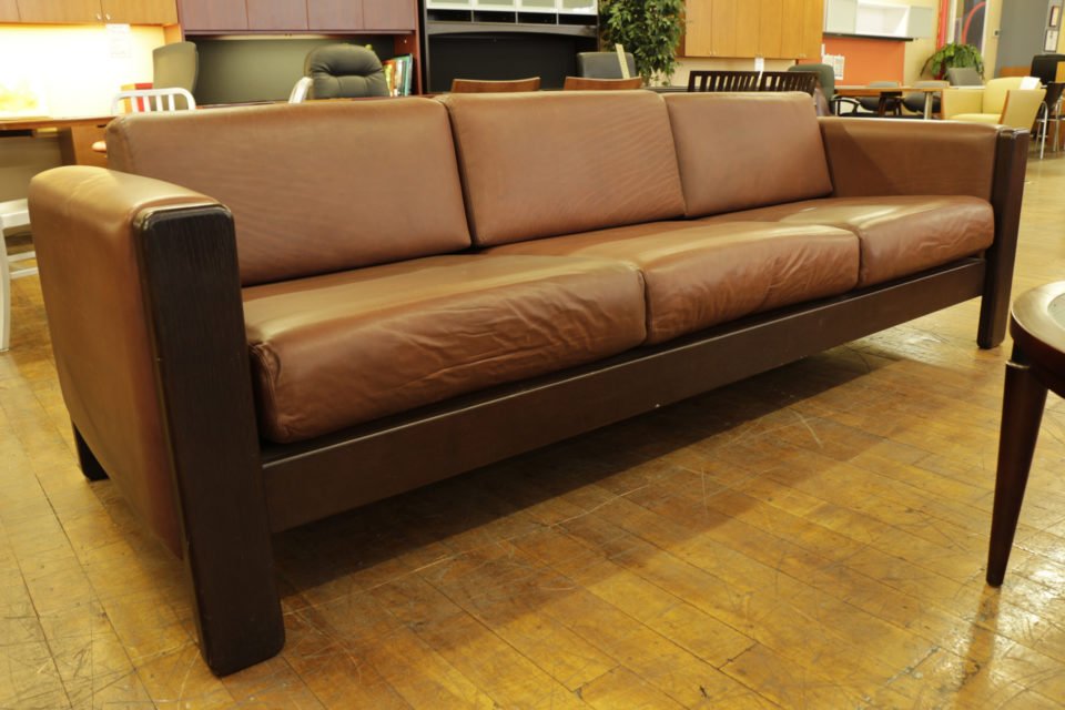 Knoll mid-Century modern Chocolate Leather Sofa with Espresso Wood Trim