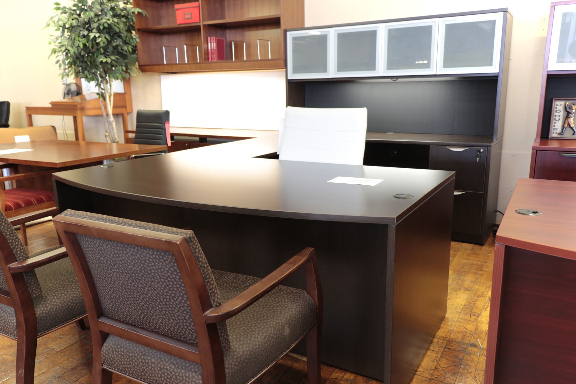 Warren Series New U-Shaped Espresso Laminate Bow-Front Desk with Hutch and Glass Doors