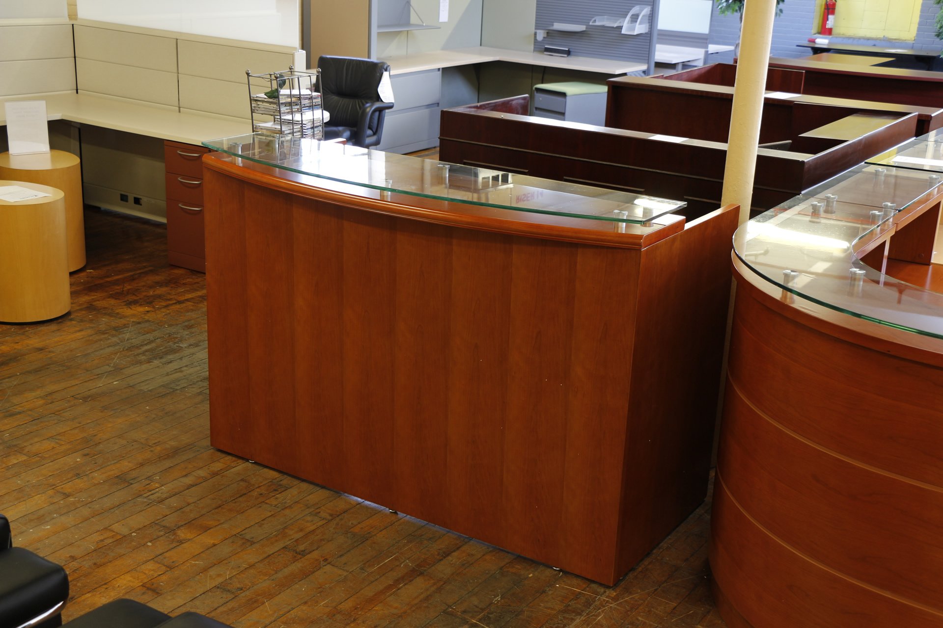 Baldwin Reception Desk with Floating Glass and Bowed Front Top