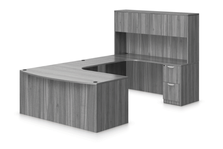 Warren Series U-Shaped Bow-Front Laminate Desks with Rounded Corners & Overhead Storage